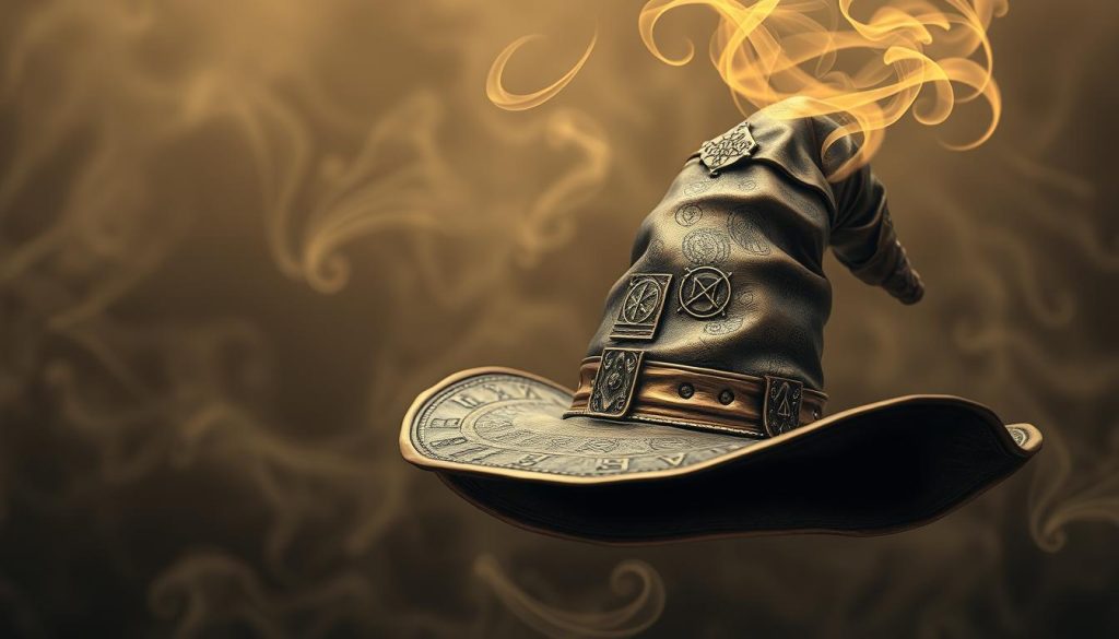 A beautifully crafted copper-toned witch's hat floats ethereally against a swirling, mystical backdrop. Intricate runes and symbols adorn the brim, casting an enchanting glow. Ribbons of steam curl upwards, as if infused with ancient magic. The image has a sepia-toned, vintage aesthetic, evoking a sense of timeless mystery. Captured through a soft-focus lens, the scene exudes an air of reverence and wonder, inviting the viewer to ponder the hidden meanings of the Witch's Hat symbol. Nebahat Özge Tan
