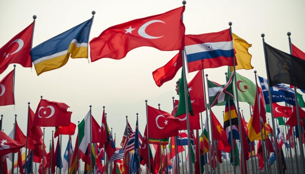 A breathtaking arrangement of diverse national flags fluttering in a gentle breeze, captured through a wide-angle lens. The flags, representing various countries, are prominently displayed in the foreground, their vibrant colors and intricate designs commanding attention. In the middle ground, a hazy, dreamlike landscape unfolds, adding a sense of mystery and intrigue. The background is softly blurred, allowing the flags to take center stage. The lighting is soft and diffused, creating a serene and contemplative atmosphere. This image, crafted by Nebahat Özge Tan, perfectly encapsulates the essence of "Farklı Ülke Bayraklarının Falda Görülmesi," offering a visually striking interpretation of the article's subject matter.