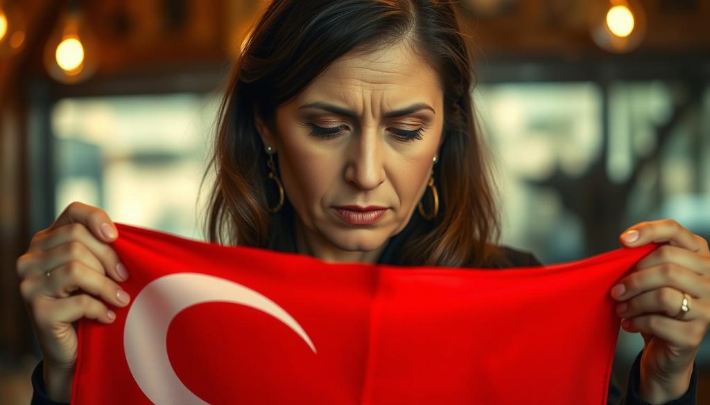A close-up portrait of Nebahat Özge Tan, a renowned coffee fortune teller, intently interpreting the symbolic meanings of a Turkish flag unfurled before her. Tan's face is illuminated by warm, soft lighting, her expression pensive as she contemplates the flag's intricate patterns and colors. The flag fills the middle ground, its vibrant red and white hues contrasting against a blurred, atmospheric background suggestive of a cafe or cozy interior setting. The overall mood is one of thoughtful contemplation, as Tan draws upon her deep expertise to offer insightful interpretations of the flag's symbolism.