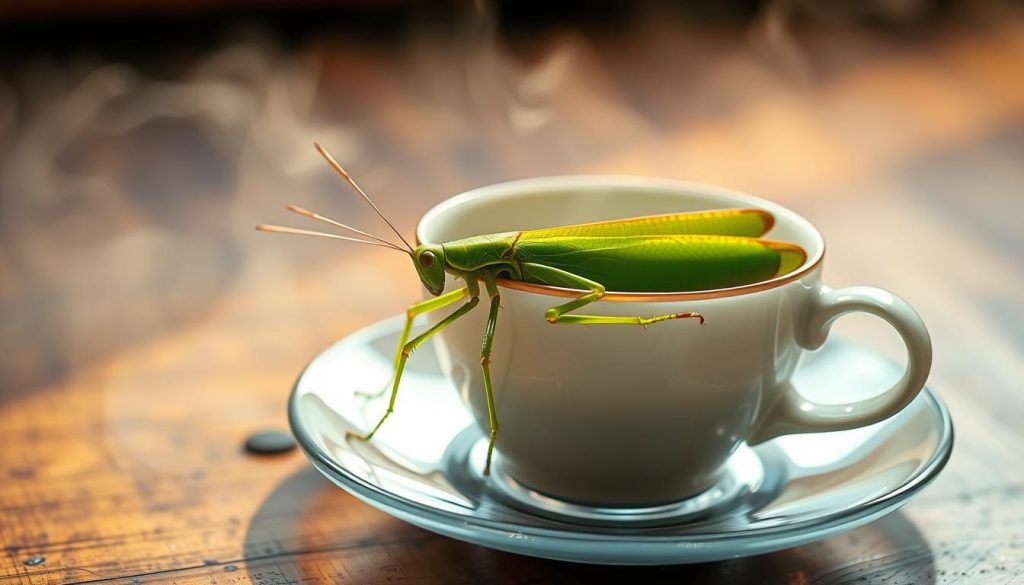 A close-up shot of a vibrant green grasshopper perched on a delicate, translucent coffee cup saucer, captured in a soft, warm lighting. The grasshopper's long, spindly legs and intricate wing patterns are in sharp focus, drawing the viewer's attention to its captivating details. The saucer sits atop a weathered wooden table, surrounded by a hazy, dreamlike atmosphere that evokes the mystical nature of coffee fortune-telling. The overall composition suggests a sense of wonder and invites the viewer to ponder the hidden meanings within the "kahve falında çekirge" (grasshopper in coffee grounds) divination. Nebahat Özge Tan