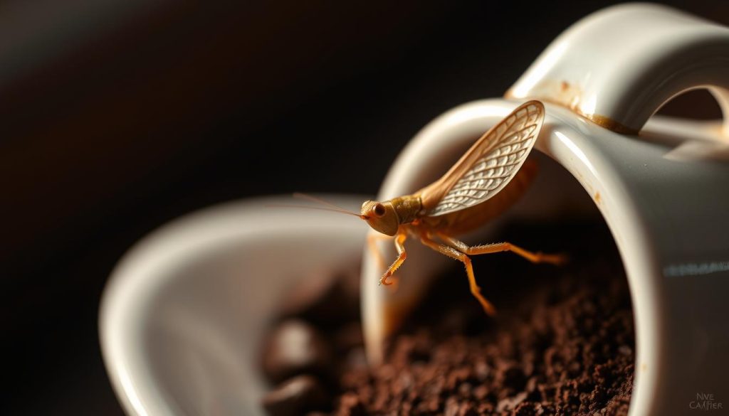 A close-up view of a coffee cup with a detailed, intricate design of a grasshopper or cricket emerging from the coffee grounds within the cup. The lighting is soft and warm, emphasizing the textural details of the coffee dregs and the delicate, lifelike features of the insect. The background is slightly blurred, keeping the focus on the captivating, almost mystical image in the cup. The overall mood is one of wonder and intrigue, inviting the viewer to ponder the meaning and significance of this unexpected discovery. Nebahat Özge Tan
