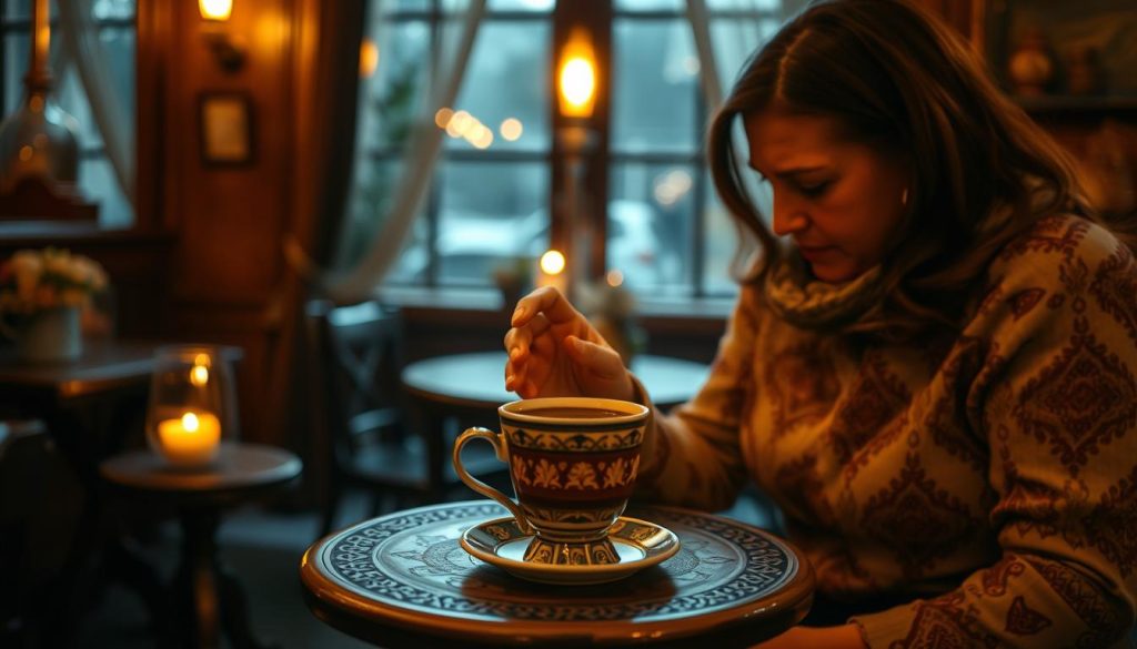 A cozy Turkish cafe setting, dimly lit by warm candlelight. On a small table, a traditional Turkish coffee cup sits, its grounds gently swirling, revealing the secrets of the future. Nebahat Özge Tan, a renowned fortune teller, carefully examines the patterns, interpreting the symbols with deep insight and intuition. The atmosphere is tranquil, infused with the aroma of freshly brewed kahve, inviting the viewer to pause and connect with the rich cultural tradition of Turkish coffee divination.