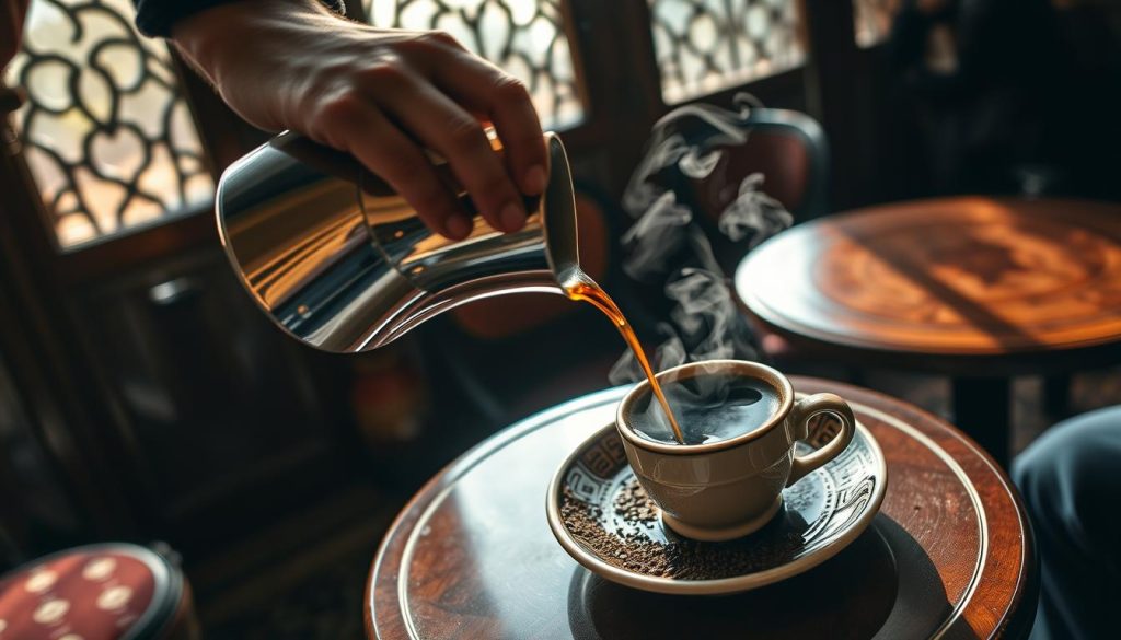 A cozy Turkish café, sunlight streaming through ornate windows. On a small round table, a steaming cup of freshly brewed kahve, its dark surface gently rippling. A deft hand carefully pours the hot liquid over a saucer filled with fresh, fragrant coffee grounds, creating intricate patterns that reveal the future. The air is infused with the earthy aroma of roasted beans and a sense of anticipation. Nebahat Özge Tan, a renowned kahve falı reader, leans in, studying the swirling divination symbols, ready to interpret the hidden messages they hold. This is the centuries-old tradition of Turkish coffee fortune-telling, a unique window into the soul.