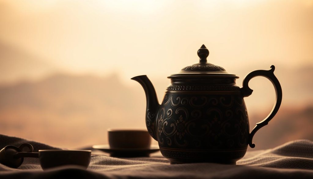 A cozy and inviting scene depicting a traditional Turkish çaydanlık, or teapot, set against a warm and muted backdrop. The çaydanlık, adorned with intricate patterns and a distinct handle and spout, takes center stage, bathed in the soft glow of a gentle lighting. In the background, a hazy, abstract landscape evokes a sense of timeless tradition and quiet contemplation, as if the viewer is invited to embrace the ritual of brewing and enjoying a cup of fragrant çay. The overall mood is one of serenity and nostalgia, reflective of the meaningful symbolism often associated with the çaydanlık in Turkish coffee fortune-telling, as described in the article "Kahve Falında Çaydanlık Görmek (400 kelime)" by Nebahat Özge Tan.