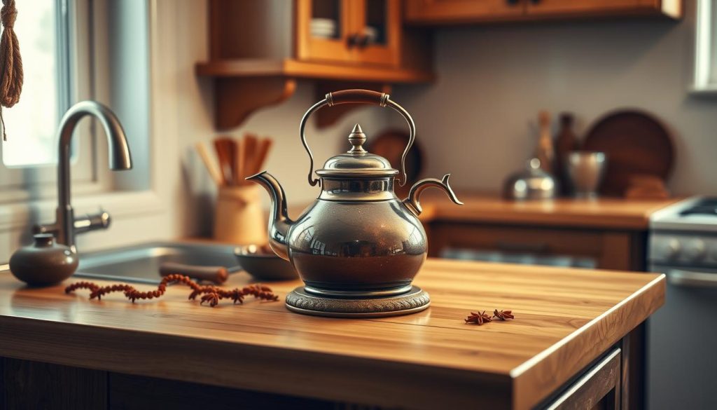 A cozy and inviting scene of a kitchen counter, with a traditional Turkish tea kettle (çaydanlık) taking center stage. The warm glow of the countertop's natural wood tones is accentuated by soft, diffused lighting, creating a soothing and intimate atmosphere. In the background, a smattering of fragrant spices and herbs suggest the rich cultural heritage of Turkish cuisine. The image evokes a sense of contemplation and introspection, hinting at the significance of the tea kettle as a symbolic representation of one's love life, as interpreted by the renowned fortune teller, Nebahat Özge Tan.