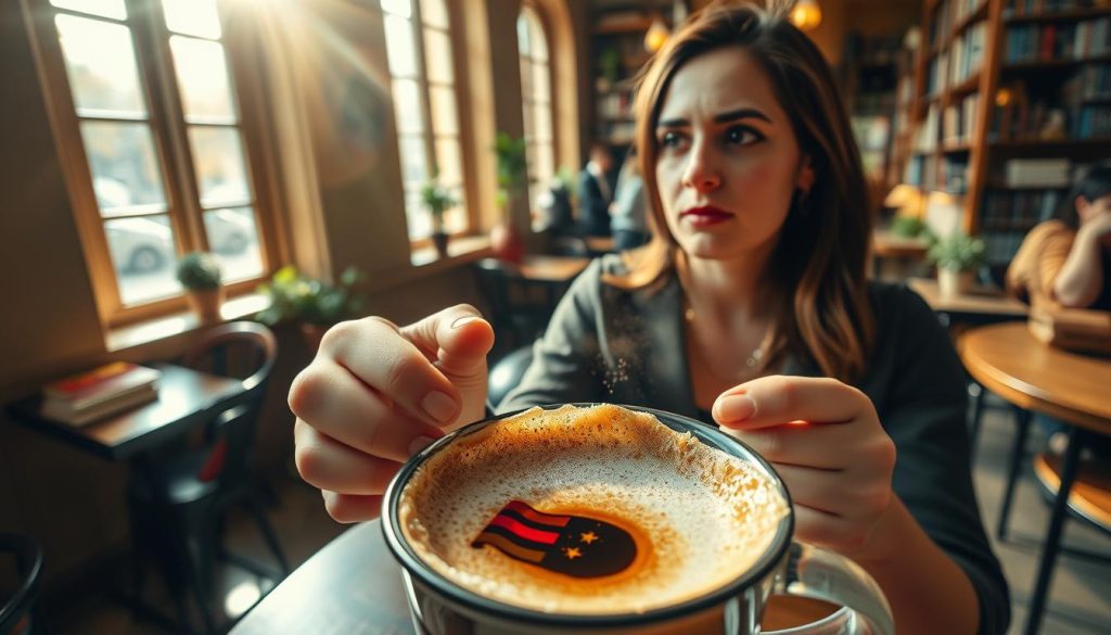A cozy cafe interior, sunlight streaming through large windows, casting a warm glow. In the foreground, a woman's hands gently swirling a mug of freshly brewed Turkish coffee, the foam swirling atop the dark liquid. Floating within the coffee, an intricate pattern emerges, resembling a waving flag. The woman, Nebahat Özge Tan, gazes intently, her expression contemplative as she interprets the symbolic meaning of the flag's appearance in her coffee grounds. The background features shelves of books, a scattering of potted plants, and the muted chatter of other patrons, creating a serene, introspective atmosphere.