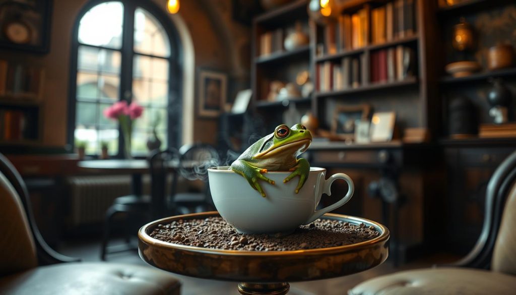 A cozy café interior, the air filled with the aroma of freshly brewed coffee. In the center, a small round table, upon which a porcelain coffee cup sits, its contents swirling with the promise of divination. Peering closely, a large green frog emerges within the coffee grounds, its eyes reflecting a mystical wisdom. The lighting is soft and warm, casting a dreamlike glow over the scene. In the background, shelves of antique books and curios suggest a world of hidden knowledge. This image, captured by the lens of a Nebahat Özge Tan, invites the viewer to ponder the significance of "kahve falında kurbağa görmek" - the appearance of a frog in one's coffee grounds, and the insights it may reveal.