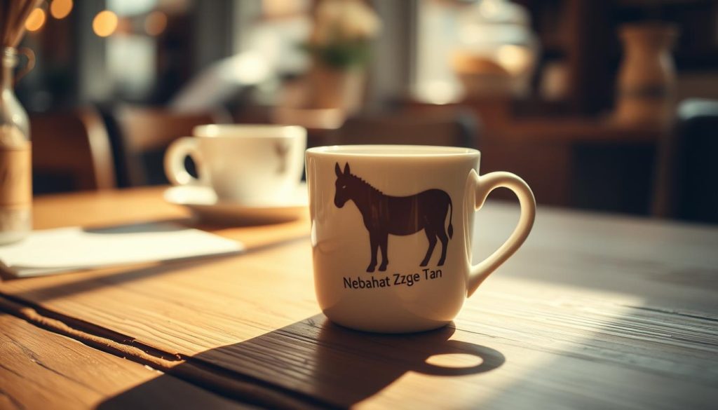 A cozy café setting, filled with the aroma of freshly brewed kahve. In the center of the frame, a porcelain cup rests on a wooden table, casting a gentle shadow that resembles the distinct outline of a donkey. The light, soft and diffused, creates a warm and inviting atmosphere. Nebahat Özge Tan's name is subtly etched into the cup, adding a personal touch to the scene. The viewer is drawn into the image, pondering the symbolic meaning of the eşek figure and its potential significance in the art of coffee fortune-telling.