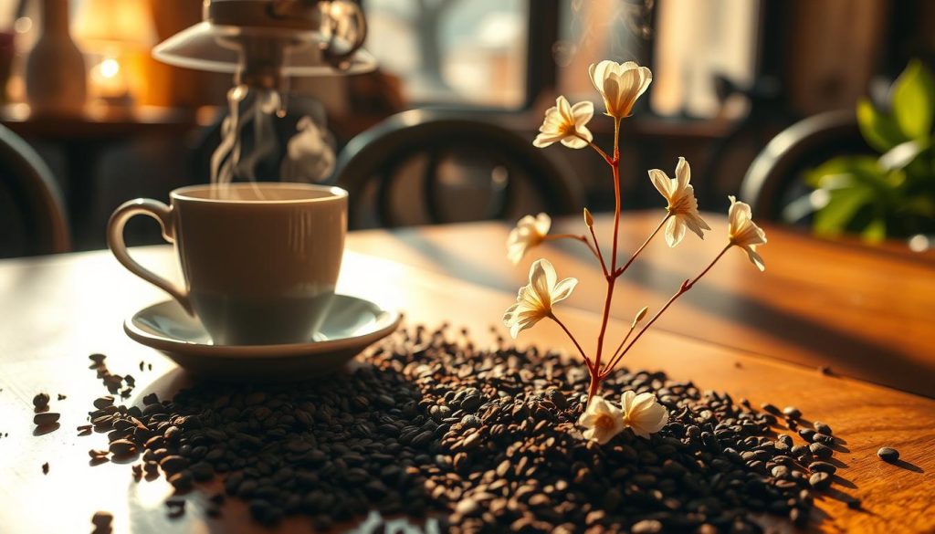 A cozy coffee shop, bathed in warm, golden light. On the tabletop, a freshly brewed cup of kahve releases its aromatic steam. Beside it, a small saucer holds scattered coffee grounds, patterns swirling and shifting as if revealing the secrets of the future. Delicate, ethereal flowers emerge from the grounds, their petals unfurling in a mesmerizing dance. The scene evokes a sense of quiet contemplation, a moment of calm introspection. Nebahat Özge Tan, a renowned coffee fortune teller, stands nearby, her gaze fixed on the unfolding floral vision, ready to interpret the hidden meanings and offer insights into the customer's love life.