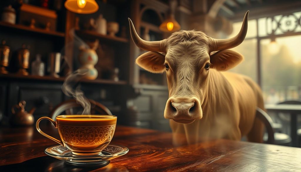 A cozy coffee shop, bathed in warm light, with a vintage aesthetic. On the table, a steaming cup of rich, aromatic kahve, its surface shimmering with an intricate pattern, hinting at the divination to come. In the foreground, an ethereal, translucent image of a majestic cow emerges, its eyes sparkling with ancient wisdom. The background is hazy, dreamlike, suggesting a realm beyond the physical. The overall mood is one of mystery, tradition, and a touch of the mystical. Nebahat Özge Tan