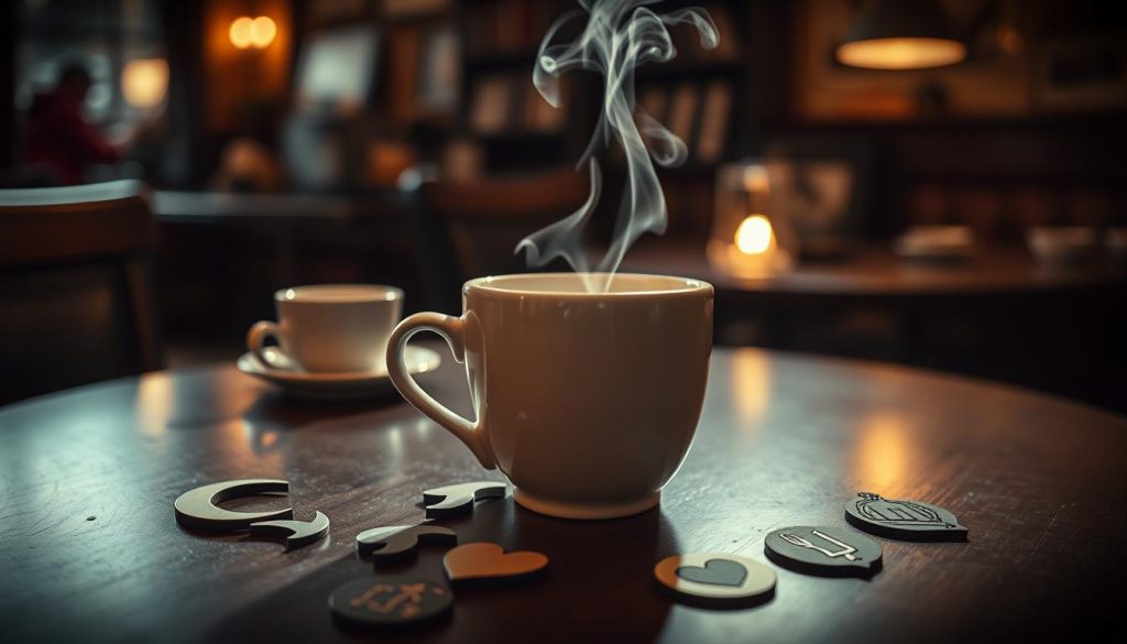 A cozy coffee shop, dimly lit, with an intimate atmosphere. On the table, a ceramic cup filled with freshly brewed coffee, its steam curling upwards. Scattered around the cup, an array of coffee cup symbols - a crescent moon, a bird, a rose, a heart, and a ship. The symbols are distinct, yet their meanings remain open-ended, inviting interpretation. The scene is captured with a warm, vintage lens, conveying a sense of timelessness and introspection. Nebahat Özge Tan's unique vision shines through, guiding the viewer to uncover the deeper significance of these symbols in the art of coffee fortune-telling.