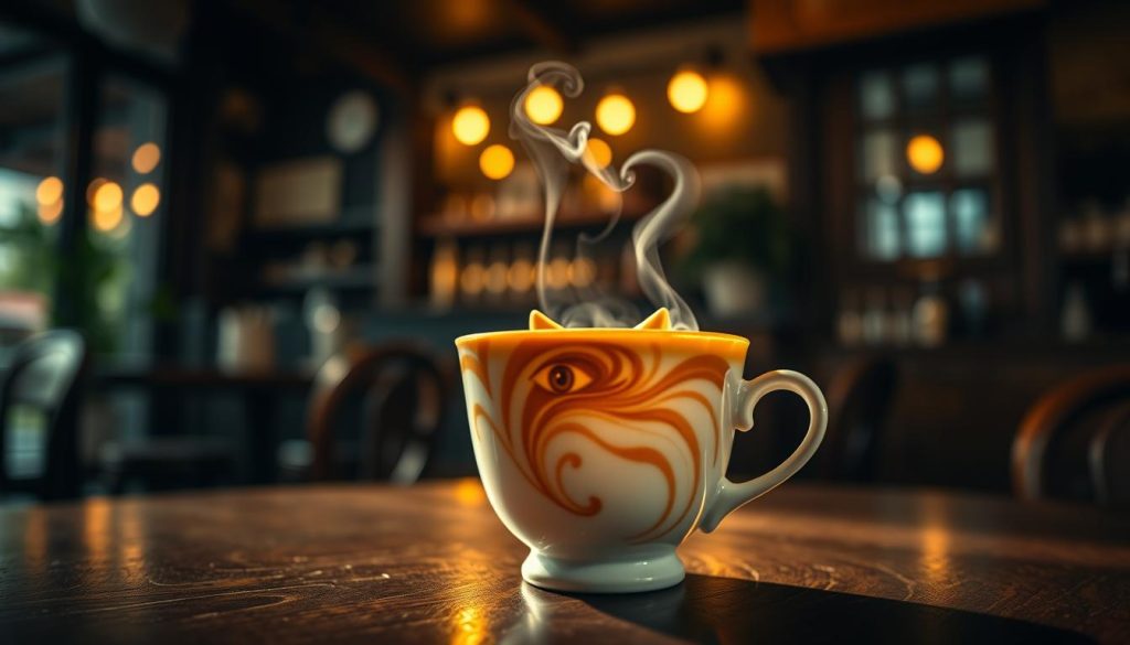 A cozy coffee shop interior, dimly lit with warm, golden lighting. On the table, a delicate porcelain cup filled with freshly brewed kahve, its steam curling gently. In the cup's swirling patterns, a lifelike kurbağa emerges, its eyes peering upwards as if observing the world. The background softly blurs, allowing the mesmerizing coffee reading to take center stage. A sense of mysticism and introspection pervades the scene. Nebahat Özge Tan's unique artistic vision shines through, capturing the essence of this ancient Turkish divination practice.