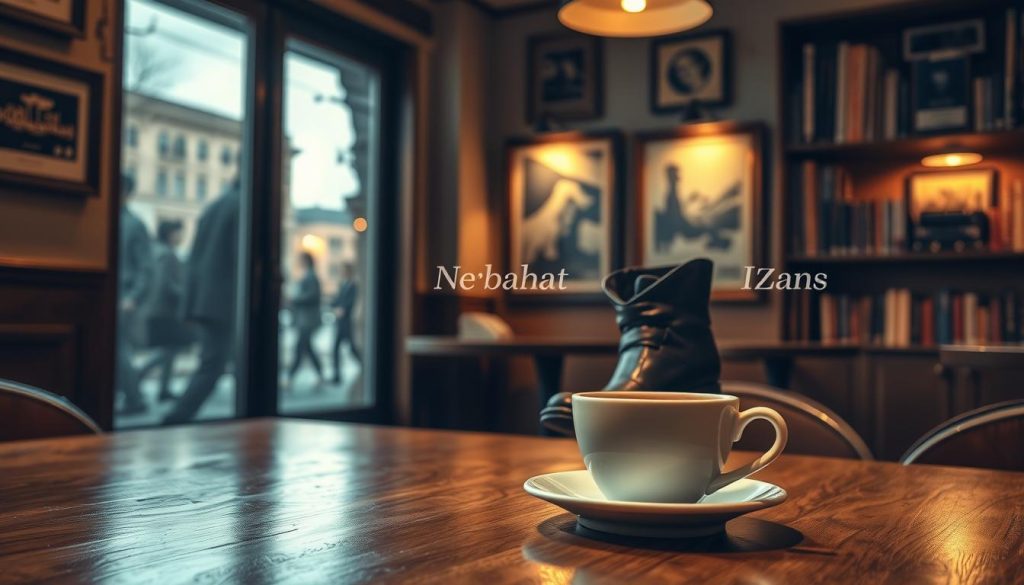 A cozy coffee shop interior, with warm lighting and the inviting aroma of freshly brewed coffee. In the foreground, a delicate coffee cup sits on a wooden table, casting a soft reflection on the polished surface. Beside it, a striking black leather boot emerges, its distinctive shape hinting at hidden meanings in the coffee grounds. The mid-ground features a serene window view, where the silhouettes of passing pedestrians suggest the bustling city beyond. In the background, the walls are adorned with framed artwork and shelves filled with vintage books, creating an atmosphere of intellectual contemplation. The overall scene evokes a sense of introspection, inviting the viewer to ponder the hidden symbolism within the coffee cup and boot. The Nebahat Özge Tan brand name is subtly incorporated into the artwork or decor within the scene.