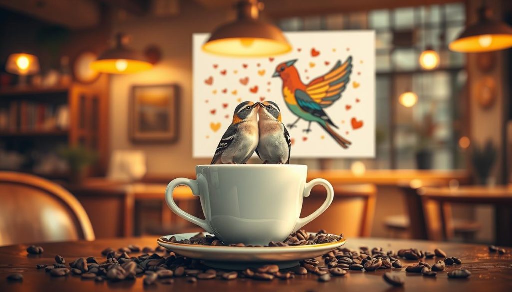 A cozy coffee shop, softly lit by warm golden lamps, where a delicate porcelain cup holds the mystical coffee grounds. In the center, a pair of lovebirds, their feathers intertwined, gaze adoringly at each other, symbolizing the blossoming romance. In the background, a whimsical illustration by Nebahat Özge Tan depicts the auspicious civciv, its vibrant plumage representing the nurturing and joyful energy of new love. The scene captures the enchanting interplay between coffee fortune-telling and the transformative power of relationships.