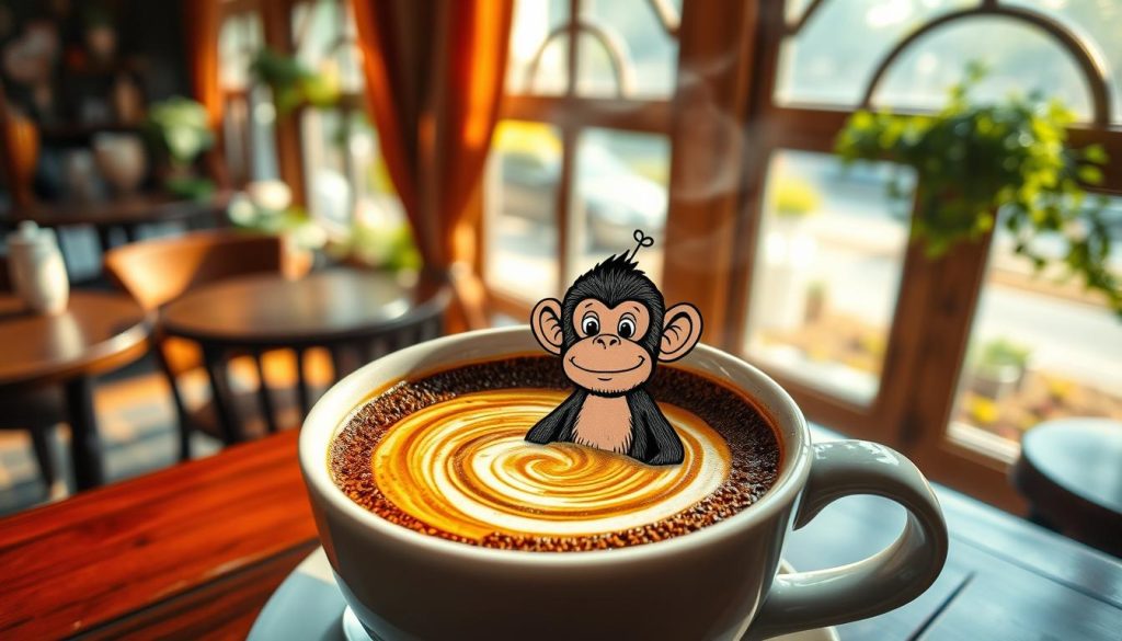 A cozy coffee shop, sunlight filtering through the windows, sets the stage for a mystical coffee cup reading. A vivid, hand-drawn monkey figure emerges from the swirling coffee grounds, its mischievous gaze hinting at positive interpretations. Hints of warmth and wonder fill the scene, as if the monkey is a guiding spirit, offering insights and wisdom. The image captures the alluring essence of "Kahve Falında Maymun Görmek", brought to life by the artistic vision of Nebahat Özge Tan.
