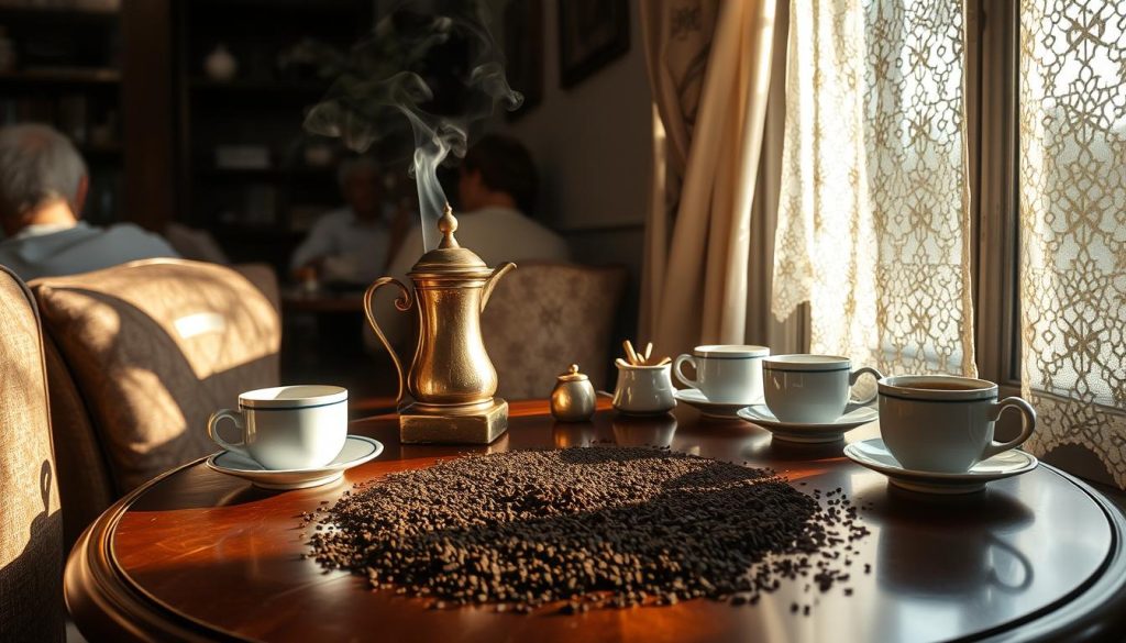 A cozy corner in a traditional Turkish cafe, the table adorned with a gleaming copper ibrik and elegant porcelain cups. Aromatic steam curls from the freshly brewed kahve, its dark, rich aroma mingling with the gentle chatter of patrons. Sunlight filters through lace-patterned curtains, casting a warm, nostalgic glow on the scene. In the center, a spread of coffee grounds awaits interpretation, their shapes and patterns holding the promise of divination - the mystical art of "kahve falı" as envisioned by Nebahat Özge Tan. A moment of tranquility, where the past and present converge, inviting the viewer to discover the secrets hidden within the coffee's depths.