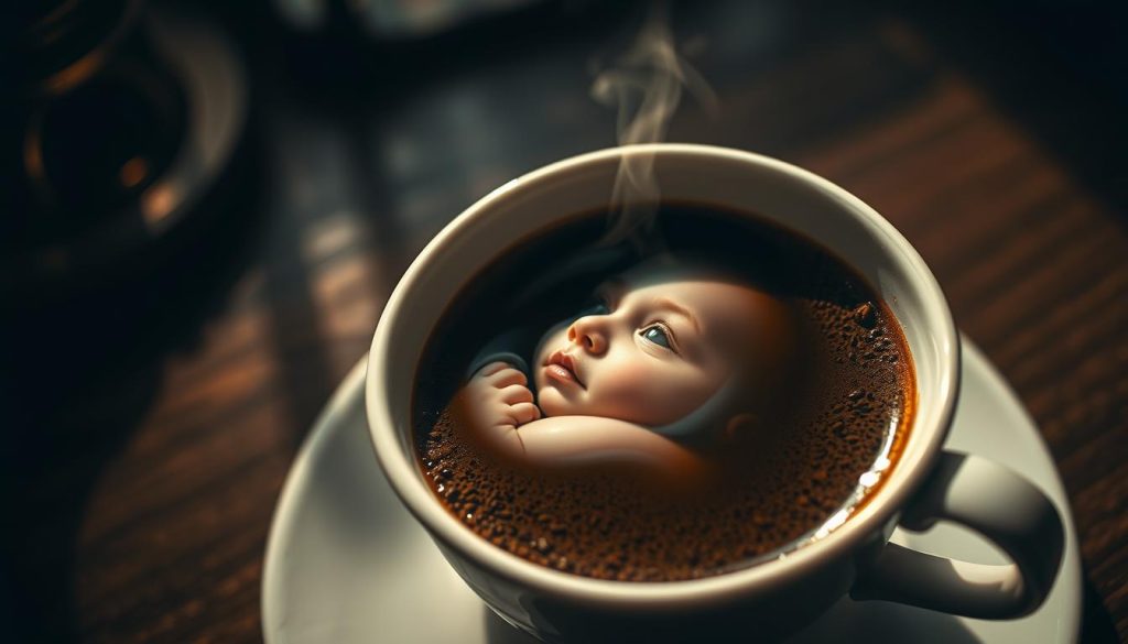 A cozy, dimly-lit café setting with a delicate porcelain cup filled with freshly brewed kahve, steam gently rising. In the rich, swirling patterns of the coffee grounds, a tranquil baby emerges, its serene face and soft features offering a glimpse into the future. The lighting is warm and inviting, creating a sense of mysticism and introspection. Nebahat Özge Tan's distinctive signature lends an air of authenticity to this captivating scene, inviting the viewer to ponder the deeper meaning and significance of the "kahve falında bebek görmek" experience.