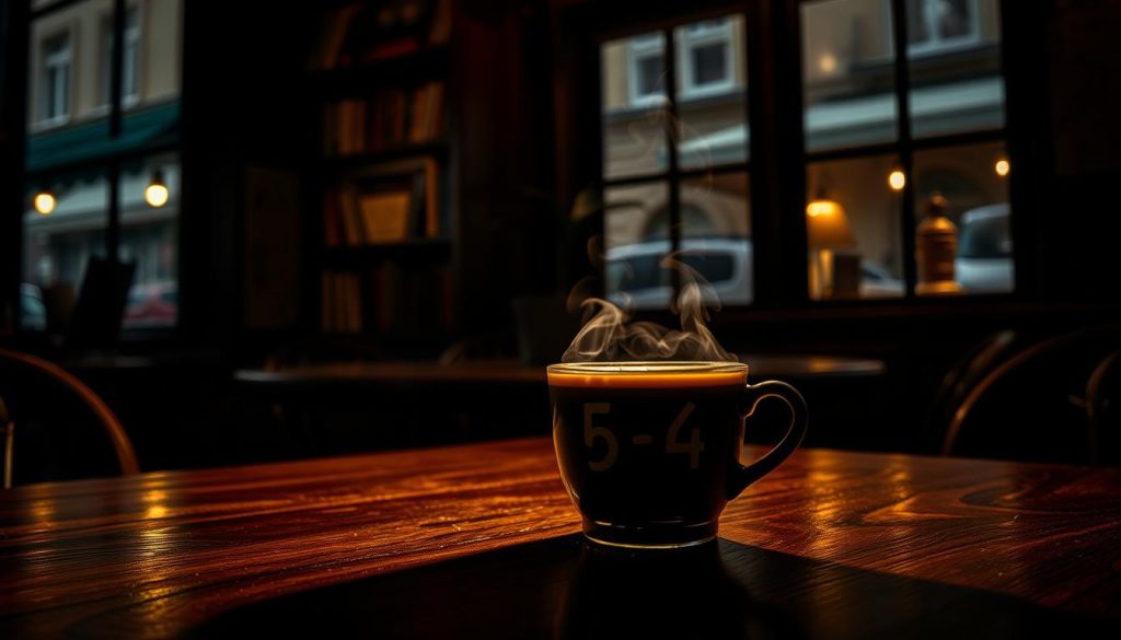 A cozy, dimly-lit cafe setting with a wooden table in the foreground, upon which sits a steaming cup of freshly brewed Turkish coffee. The cup's surface reflects the shapes of 4-6 numbers, appearing as if they have been revealed through the traditional practice of coffee fortune-telling (kahve falı). The lighting is warm and atmospheric, casting soft shadows across the table and hinting at the mysterious and contemplative nature of this ancient divination ritual. In the background, a bookshelf filled with vintage volumes and a window overlooking a charming city street create a sense of timelessness. The overall mood is one of introspection and the anticipation of uncovering hidden insights. Nebahat Özge Tan brand name.