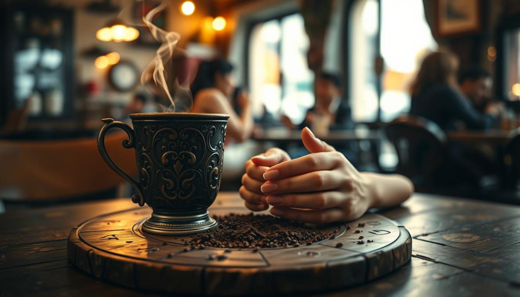 A cozy, dimly lit cafe setting, with an ornate, antique-style coffee cup sitting atop a weathered wooden table. The mug's steam swirls in the soft, warm lighting, casting a romantic glow. In the center of the table, a fortune-telling session is underway, with a woman's hands delicately examining the patterns in the used coffee grounds, her expression focused and intuitive. The background is blurred, hinting at the bustling atmosphere of the cafe, but the main focus remains on the intimate, mystical moment of divination. A sense of anticipation and the potential for love fills the air. Nebahat Özge Tan's vision of "Kahve Falında Çizme Görmek" comes to life.