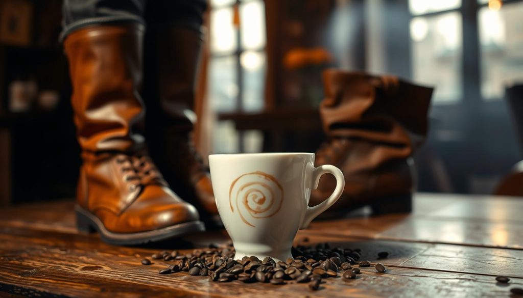 A cozy, dimly lit coffee house with rich, warm lighting. At the center, a delicate white ceramic cup holds a freshly brewed cup of Turkish coffee, its surface revealing the swirling patterns of the coffee grounds. In the foreground, a pair of worn leather boots, one standing tall and the other toppled, as if a person had just stood up from their seat. The background is hazy, suggesting a serene, contemplative atmosphere. The overall scene evokes a sense of introspection and the anticipation of uncovering hidden meanings within the coffee grounds, as described in the article by Nebahat Özge Tan.