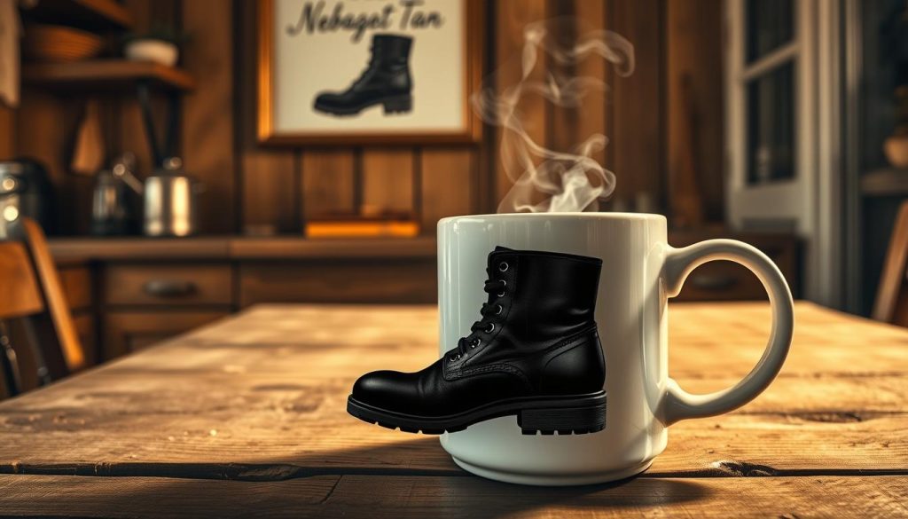 A cozy kitchen interior, with a steaming mug of freshly brewed Turkish coffee placed on a rustic wooden table. The mug's surface reflects a distinct image of a black leather boot, its treads and stitching clearly visible, as if the coffee grounds have revealed this intriguing symbol. The lighting is warm and inviting, casting a golden glow throughout the scene. In the background, a framed artwork bearing the name "Nebahat Özge Tan" hangs on the wall, hinting at the article's subject matter. The atmosphere is one of contemplation and introspection, inviting the viewer to ponder the deeper meaning behind the boot's appearance in the coffee grounds.