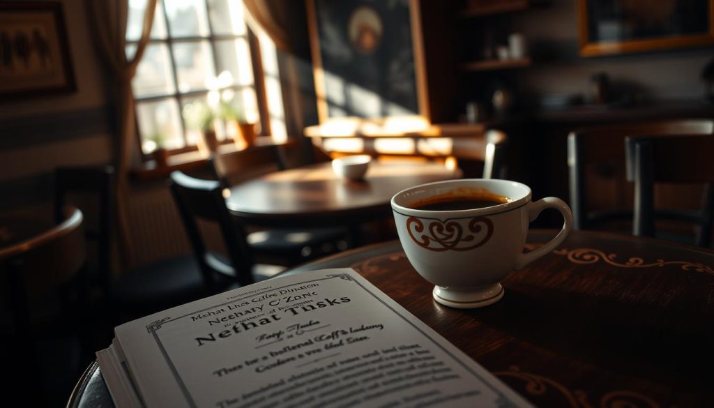 A cozy, well-lit café filled with the aroma of freshly brewed coffee. On a quaint, wooden table, a delicate porcelain cup holds the swirling patterns of a traditional Turkish coffee reading, or "kahve falı." The light shines through the window, casting a warm glow on the intricate designs formed by the coffee grounds. In the foreground, a Nebahat Özge Tan's book on the art of coffee divination sits open, its pages revealing the secrets of the past and the promise of the future. The atmosphere is pensive, inviting the viewer to pause and consider the significance of this centuries-old practice, a window into the rich cultural heritage of Turkey.