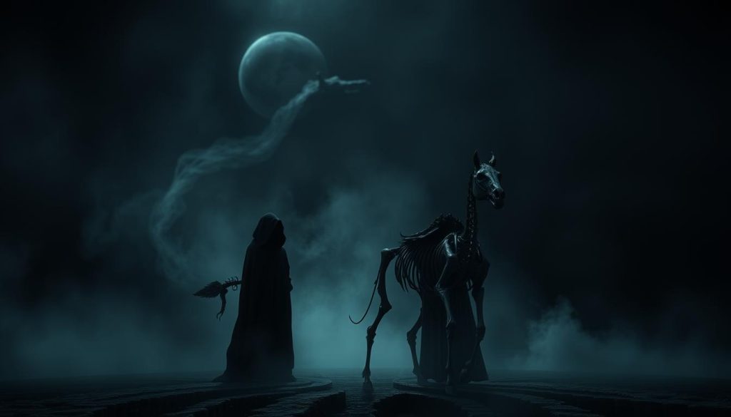 A dark and foreboding scene, a shadowy figure in a long, hooded cloak stands solemnly, emanating an aura of mystery and finality. In the middle ground, a skeletal steed, its rider unseen, a symbol of the inevitable passage of time and the inexorable nature of death. The background is a swirling vortex of mist and shadow, hinting at the unknown and the unknowable. The lighting is somber, casting deep, dramatic shadows that accentuate the sense of foreboding. Nebahat Özge Tan
