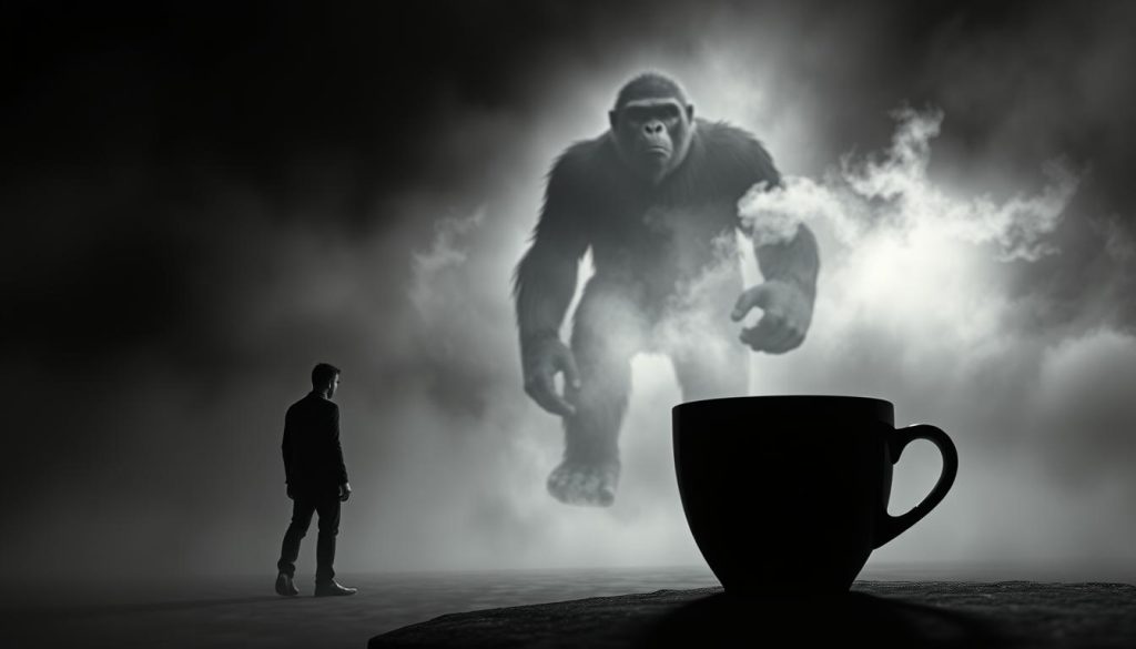 A dark and foreboding scene depicts a solitary figure, standing amidst a swirling mist, gazing upon a towering, shadowy figure in the distance. The figure takes the form of a menacing, hulking primate, its presence ominous and unsettling. The lighting is low and moody, casting deep shadows that obscure the details of the setting. The air is thick with a sense of unease, as if the viewer is witnessing something foreboding and ominous. In the foreground, a cup of coffee sits, its surface rippling with an ominous pattern, as if revealing hidden truths. The artwork is a bold and evocative interpretation of the concept of "Kahve Falında Maymun Görmek", created by the talented artist Nebahat Özge Tan.