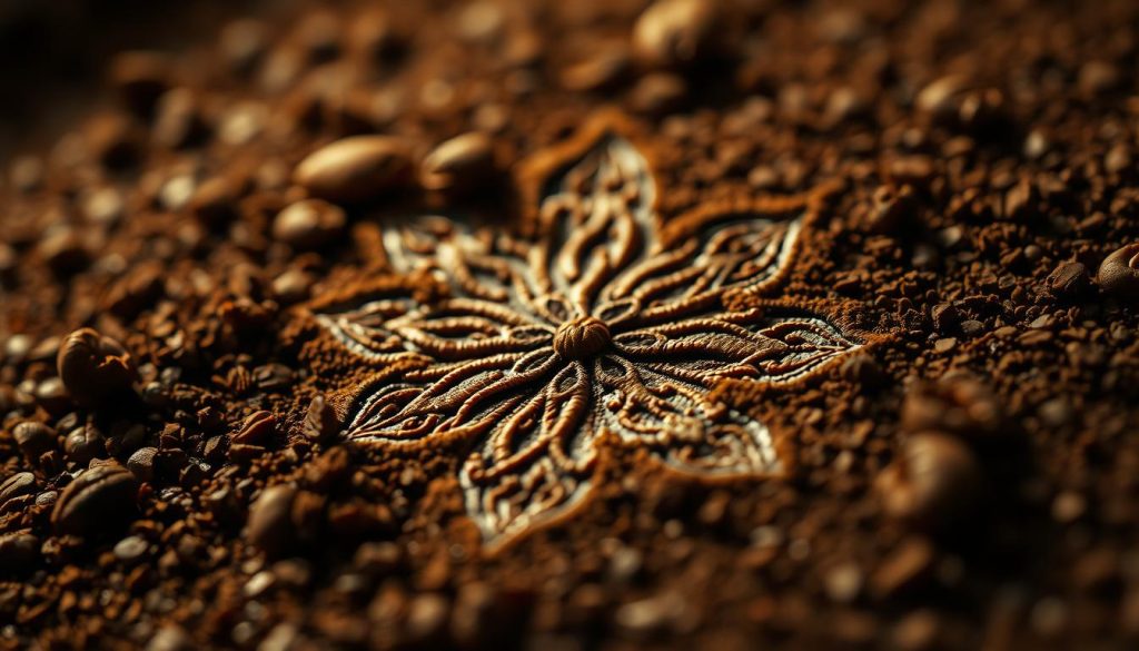 A delicate and intricate floral design in the coffee grounds, captured with a high-resolution macro lens. Soft, warm lighting casts a gentle glow, accentuating the intricate patterns and textures of the blooming flowers. The image exudes a sense of mysticism and divination, reflecting the ancient Turkish tradition of "kahve falında çiçek görmek." The composition is balanced and symmetrical, inviting the viewer to study the hidden secrets and symbolism within the coffee sediment. Nebahat Özge Tan's unique artistic vision shines through, elevating this image to a captivating and thought-provoking work of art.