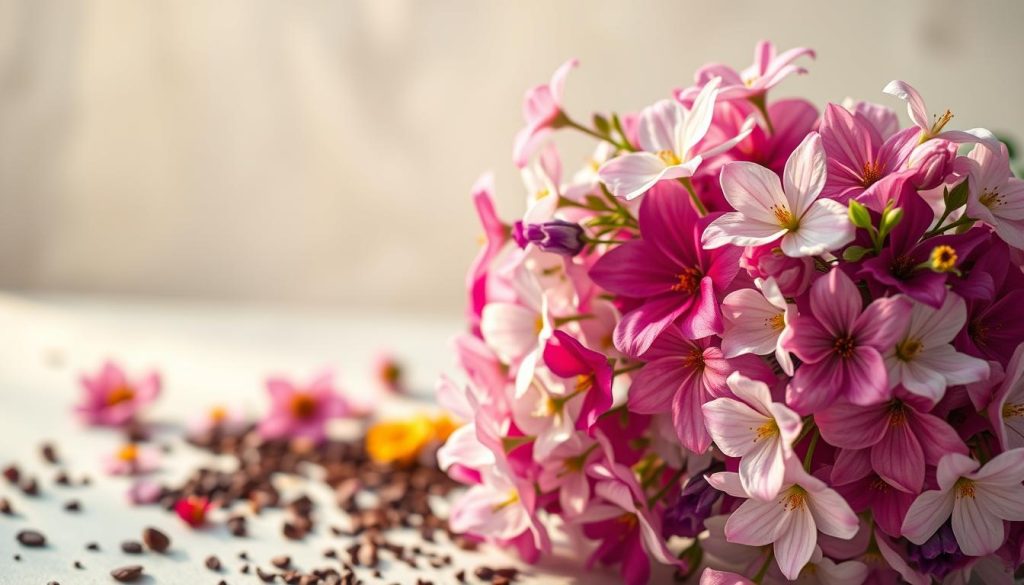 A delicate bouquet of vibrant flowers cascades across the frame, capturing the essence of the "kahve falında çiçek" experience. In the foreground, an arrangement of fresh blooms in hues of pink, purple, and white command attention, their petals softly illuminated by a warm, natural light. The middle ground showcases a selection of individual flowers, each one unique and enchanting, inviting the viewer to explore their intricate details. In the background, a subtle, ethereal atmosphere sets the mood, hinting at the mystical nature of the "kahve falı" ritual. Crafted by the talented Nebahat Özge Tan, this image embodies the beauty and symbolism of the floral elements within the coffee grounds reading.