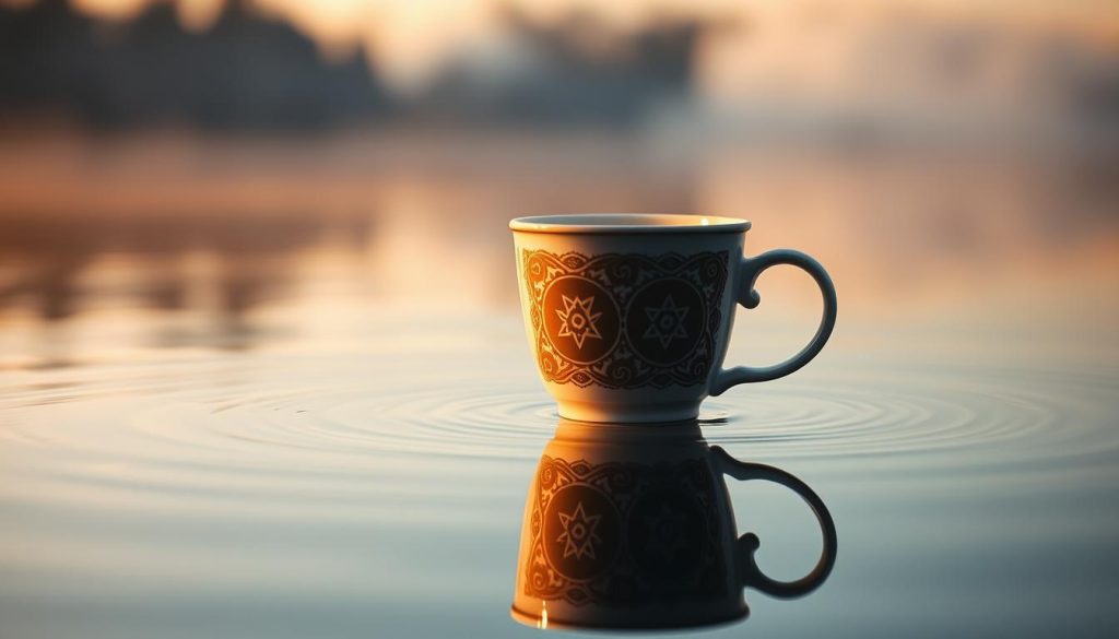 A delicate coffee cup rests upon a tranquil lake, its reflection mirroring the serene surface. The cup's design features intricate patterns, hinting at the mystical symbols of divination. Warm, soft lighting bathes the scene, creating a sense of intimacy and introspection. In the background, a misty, dreamlike landscape unfolds, evoking a sense of the subconscious. This image, crafted by Nebahat Özge Tan, captures the essence of "Kahve Fincanında Göl Şeklinin Tanımlanması," where the cup's form becomes a canvas for interpretation and self-discovery.
