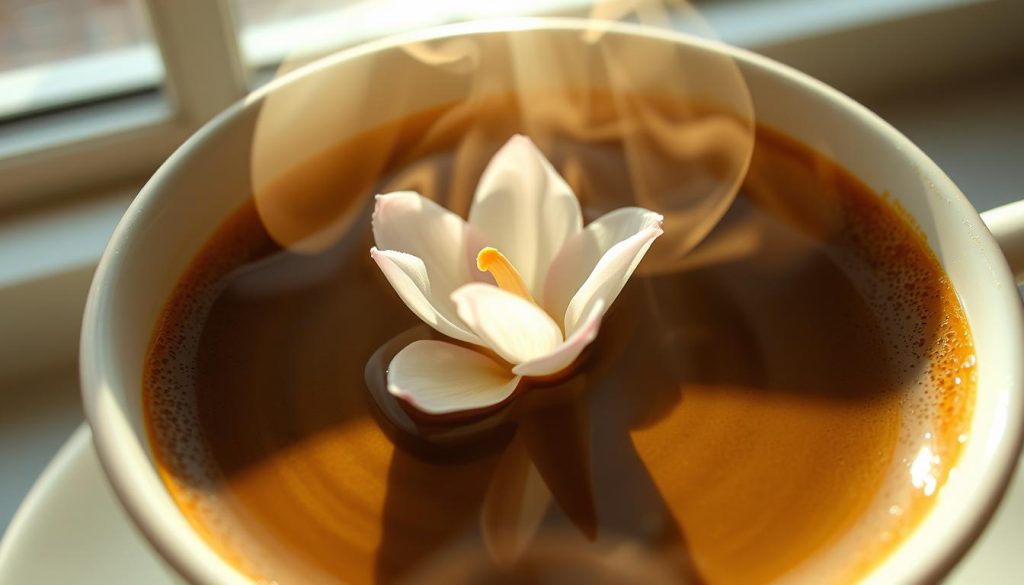 A delicate, ethereal flower blooms within the swirling, mystic depths of a steaming cup of Turkish coffee. Its petals unfurl, each curve and petal holding a whisper of hidden meaning, ready to be divined by the skilled eye of Nebahat Özge Tan. The light streams in through a nearby window, casting a warm, golden glow upon the scene, heightening the sense of mystery and anticipation. The flower's size and shape hold the key to unlocking the secrets of the future, as revealed through the ancient art of coffee ground divination. This captivating image invites the viewer to pause, reflect, and ponder the subtle signs that lie within the depths of the cup, a window into the unknown.