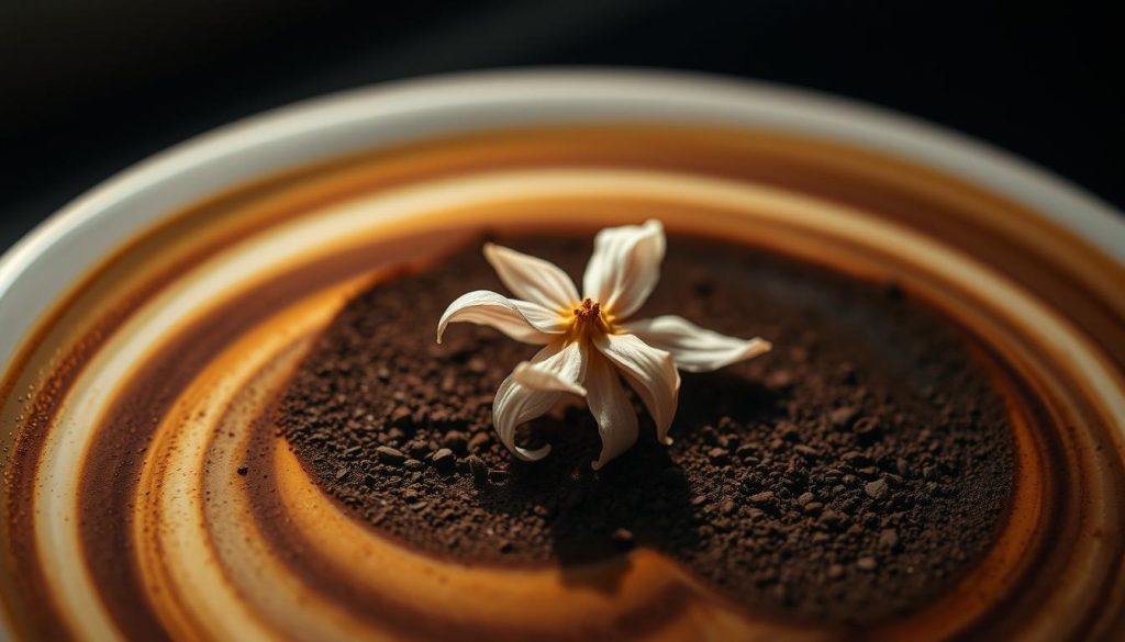 A delicate, faded flower emerges from the swirling patterns of a coffee cup's grounds, casting a somber, introspective mood. Soft, warm lighting illuminates the wilted petals, evoking a sense of transience and the fleeting nature of life. The composition is balanced, with the flower positioned slightly off-center, drawing the viewer's eye to its fragile beauty. Nebahat Özge Tan's distinctive artistic style is evident in the dreamlike, impressionistic rendering of the scene, inviting the viewer to ponder the deeper symbolism and personal reflections inherent in the "kahve falında solmuş çiçek".