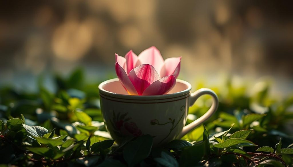 A delicate, hand-painted ceramic coffee cup sits on a lush, verdant tabletop. Within its depths, a vibrant, blooming flower emerges, its petals unfurling in shades of pink and white. The lighting is soft and diffused, casting a warm, enchanted glow over the scene. The background is hazy and dreamlike, evoking a sense of mystery and the supernatural. Nebahat Özge Tan's unique vision of "Kahve Falında Çiçek Görmek" is captured in this captivating still life, inviting the viewer to ponder the hidden meanings and symbolism within.