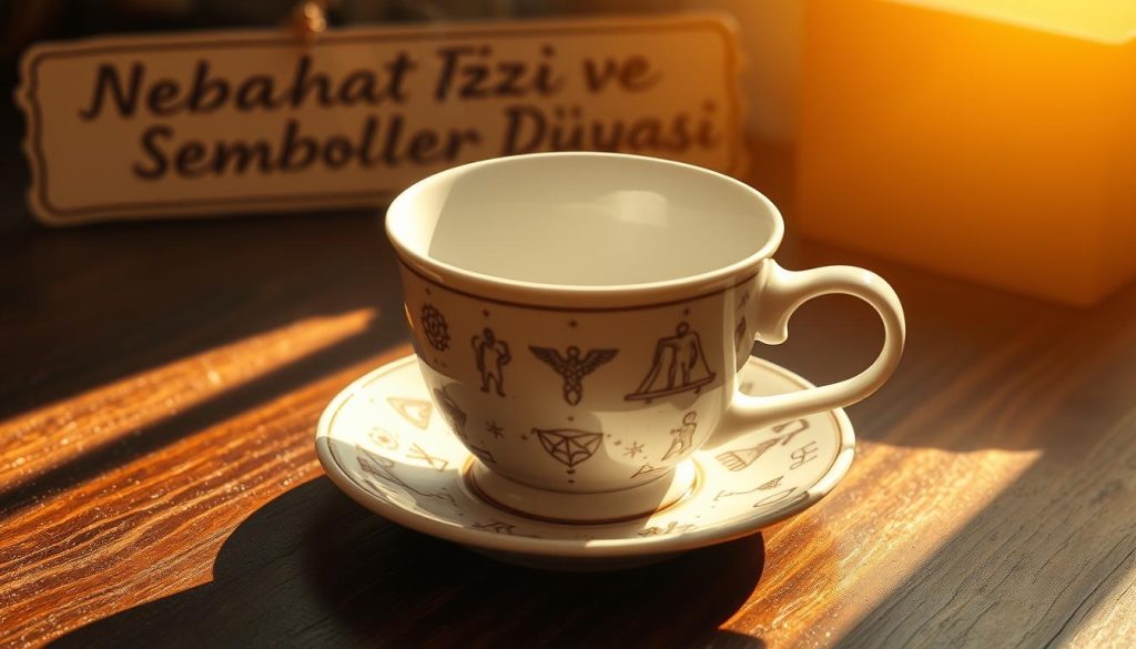 A delicate porcelain cup sits atop a dark wood table, its surface rippling with the intricate patterns of "kahve falı" - the ancient Turkish art of reading coffee grounds. The cup is adorned with subtle, intricate symbols and shapes, each one a window into a world of hidden meanings and mystical insights. The scene is bathed in a warm, golden light, casting a serene and contemplative mood. In the background, a handwritten label reads "Nebahat Özge Tan", a nod to the rich cultural heritage of this traditional practice. This image aims to capture the essence of the "Kahve Falı ve Semboller Dünyası", inviting the viewer to explore the captivating symbolism and divination hidden within the humble coffee cup.
