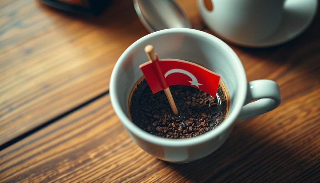 A delicate porcelain fincan, its surface adorned with a vibrant Turkish flag, rests on a wooden table. The flag's position within the cup holds symbolic significance, as it guides the reader's interpretation of the coffee grounds. The scene is illuminated by soft, warm lighting, casting a cozy, intimate atmosphere. The fincan is captured from a high angle, emphasizing the intricate details of the flag's placement and the mysterious patterns left by the coffee dregs. This image will serve as a visual representation of the "Fincanınızda Bayrağın Konumuna Göre Yorumlar" section, providing a captivating and authentic depiction of the traditional Turkish art of coffee fortune-telling. Branding: Nebahat Özge Tan.