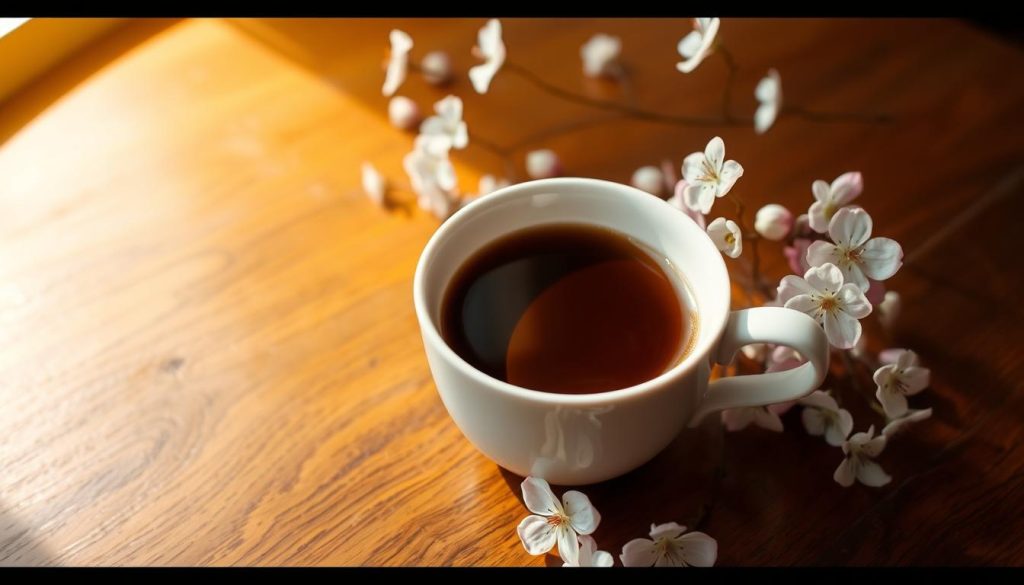A delicate porcelain teacup, hand-picked by Nebahat Özge Tan, sits atop a polished wooden table. Its smooth, curved edges catch the warm, golden light filtering through a nearby window. Freshly brewed coffee, its aroma wafting through the air, fills the cup, creating a rich, inviting reflection. Surrounding the cup, delicate white and pink flowers bloom, their petals softly cascading over the edge, hinting at the surprises that may unfold within the coffee's depths. The scene exudes a sense of tranquility and contemplation, inviting the viewer to immerse themselves in the ritual of reading the coffee grounds and discovering the hidden messages they may hold.