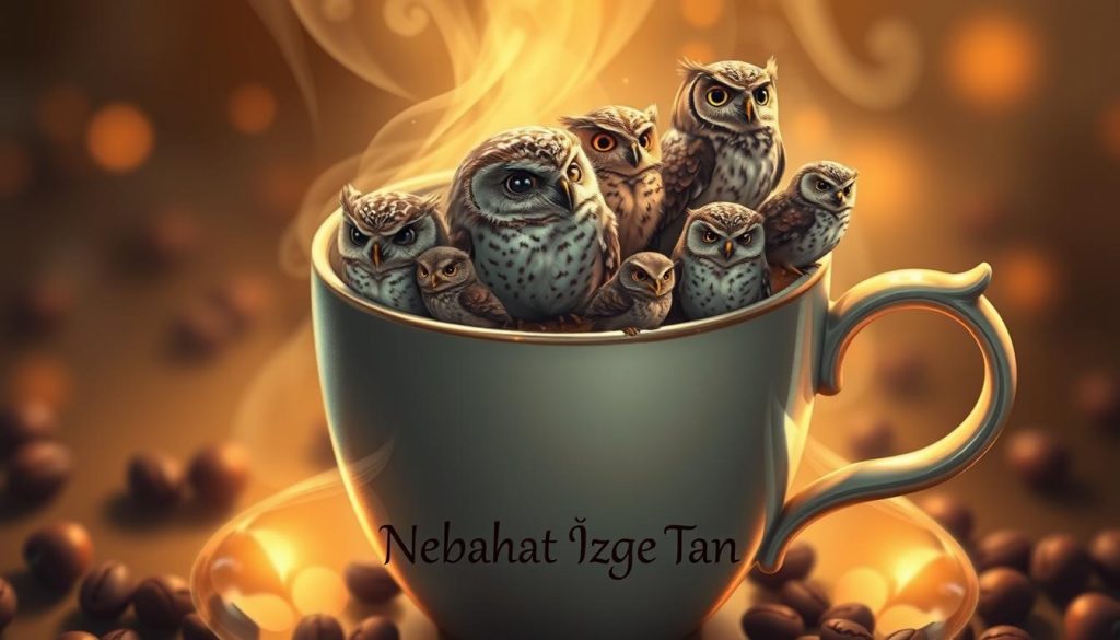 A detailed and enchanting illustration of owls nestled within the various regions of a coffee cup, showcasing the diverse and symbolic meanings of their presence in coffee divination. Captured through a dreamlike, soft-focused lens, the owls perch atop the cup's rim, peer out from the depths of the coffee, and gaze from the cup's handle, creating an atmospheric and mystical scene. The lighting is warm and ambient, lending a sense of tranquility and introspection. In the foreground, the Nebahat Özge Tan brand name is subtly integrated, adding a touch of authenticity and artistry to the image.