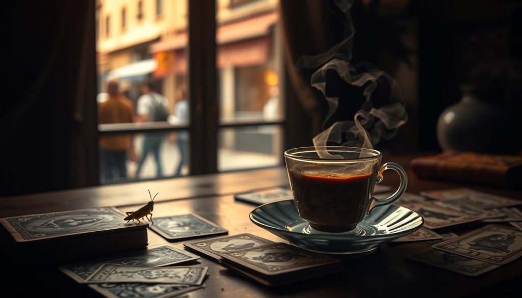 A detailed and enigmatic still life scene set in a dimly lit, atmospheric café. In the foreground, a steaming cup of Turkish coffee rests on a delicate saucer, its surface swirling with the intricate shapes and patterns of a traditional coffee fortune reading. Beside the cup, a single grasshopper perches, its legs poised as if about to leap, symbolizing unexpected change and surprise. The middle ground features a scattering of antique tarot cards, their worn edges and ornate illustrations hinting at the mysteries of the unknown. In the background, a softly focused window reveals the bustling street outside, casting a warm, golden glow over the entire scene. Nebahat Özge Tan's signature style imbues this image with a sense of timeless enchantment and subtle foreboding.