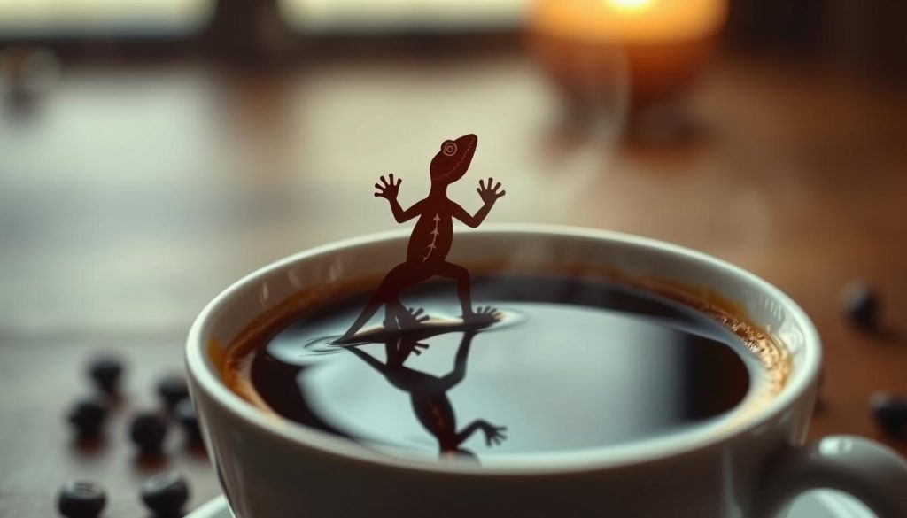 A detailed and mystical scene of a lizard symbol in a coffee reading. In the foreground, a delicate and intricate lizard silhouette emerges from the coffee, its form dancing with the shadows and highlights. In the middle ground, the coffee cup rests on a wooden table, the liquid surface shimmering with a soft, diffused light. The background is hazy and atmospheric, with a sense of timelessness and ancient wisdom. The overall mood is one of contemplation and divination, evoking the mysteries of the "kahve falında kertenkele" symbol. Nebahat Özge Tan