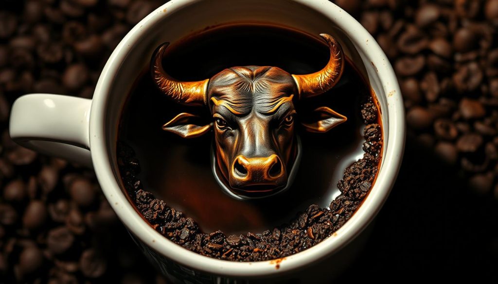 A detailed and vibrant image of a coffee cup's interior, with a bold and prominent bull symbol emerging from the dark, swirling coffee grounds. The bull is rendered with striking realism, its muscles rippling and its gaze intense, conveying a sense of power and foreboding. The lighting is dramatic, casting deep shadows and highlighting the textural qualities of the coffee. The composition is carefully balanced, with the bull positioned off-center, creating a dynamic and visually compelling scene. The overall mood is one of mystery and intrigue, inviting the viewer to ponder the symbolic significance of the bull in the context of coffee fortune-telling. Nebahat Özge Tan