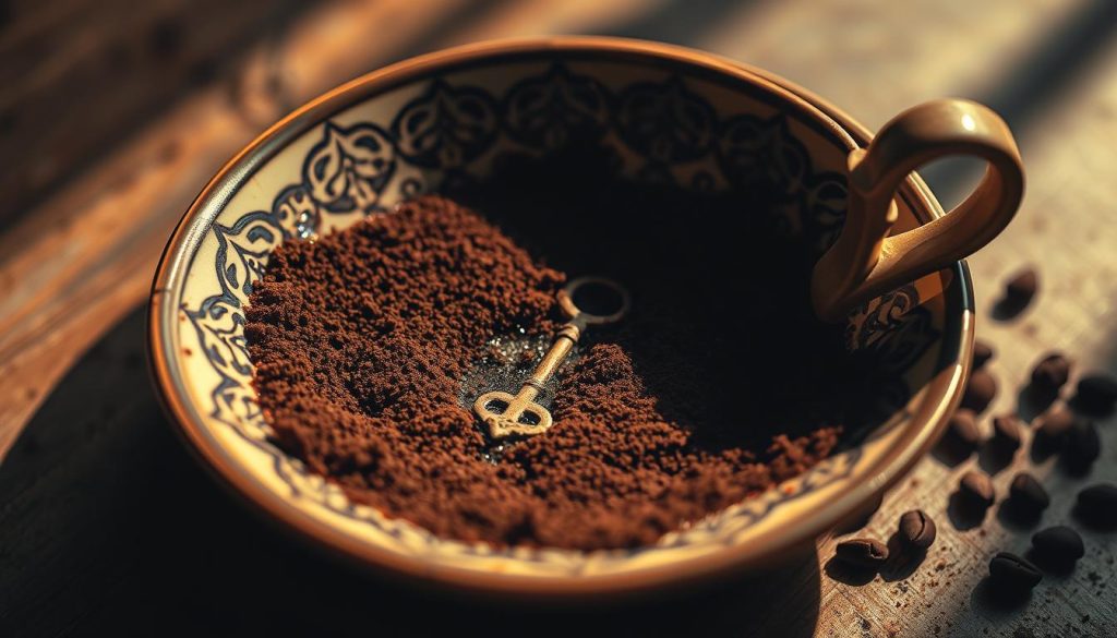 A detailed, atmospheric scene of a traditional Turkish coffee cup and saucer, with an emerging key symbol visible in the coffee grounds. Soft, warm lighting illuminates the intricate patterns on the ceramic, casting gentle shadows. The key symbolism is central, surrounded by swirling coffee grounds that suggest a sense of mystery and revelation. The composition is balanced, with a sense of calm and contemplation. Subtle textures and hues evoke the cultural heritage of Turkish coffee divination. Signature of "Nebahat Özge Tan" discreetly integrated into the scene.