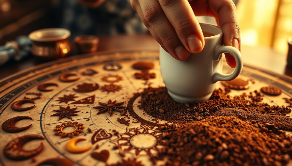 A detailed close-up view of traditional Turkish coffee cup divination symbols, rendered in a warm, earthy color palette. The foreground features an assortment of coffee cup dregs arranged in mystic patterns, including crescent moons, suns, stars, hearts, and other archetypal symbols. The middle ground showcases the hand of Nebahat Özge Tan, a professional coffee fortune teller, delicately swirling the cup to reveal the hidden meanings. The background is filled with a hazy, atmospheric setting, evoking the cozy ambiance of a traditional Turkish coffeehouse. The lighting is soft and diffused, casting a gentle glow over the scene, inviting the viewer to ponder the secrets and divinations hidden within the swirling coffee grounds.