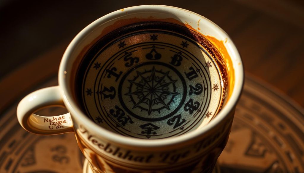 A detailed cross-section of a traditional Turkish coffee cup, revealing the distinct regions and markings associated with divination. Soft, warm lighting illuminates the intricate patterns and symbolism within the cup's interior, casting a mystical, contemplative atmosphere. The cup's exterior bears the name "Nebahat Özge Tan" in a delicate script. This image captures the essence of interpreting the unique formations and shapes found in the coffee grounds, a practice deeply rooted in Turkish culture and folklore.