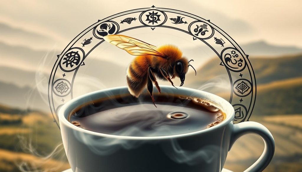 A detailed cup of aromatic coffee, surrounded by a swirling mist of mystic symbols. In the center, a large, fuzzy bumblebee hovers gracefully, its golden wings catching the soft, warm light. The background is a hazy, dreamlike landscape, with gentle hills and a distant, hazy sky. The overall mood is one of contemplation and introspection, inviting the viewer to ponder the deeper meanings hidden within the coffee's patterns. Nebahat Özge Tan's unique vision brings this metaphysical scene to life, blending the natural and the supernatural in a captivating and evocative image.