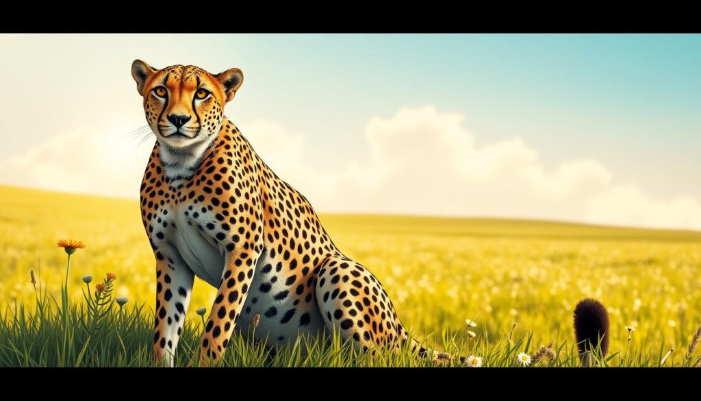 A detailed, high-contrast illustration of a cheetah symbol, representing career and success. The cheetah is situated in the foreground, its powerful form and spotted fur rendered with precision. The background features a serene, sun-dappled meadow, conveying a sense of tranquility and growth. Lighting is warm and natural, casting soft shadows that accentuate the cheetah's musculature. The composition is balanced, with the cheetah's gaze directed towards the viewer, suggesting an aura of confidence and determination. Nebahat Özge Tan's signature appears discretely in the lower right corner.