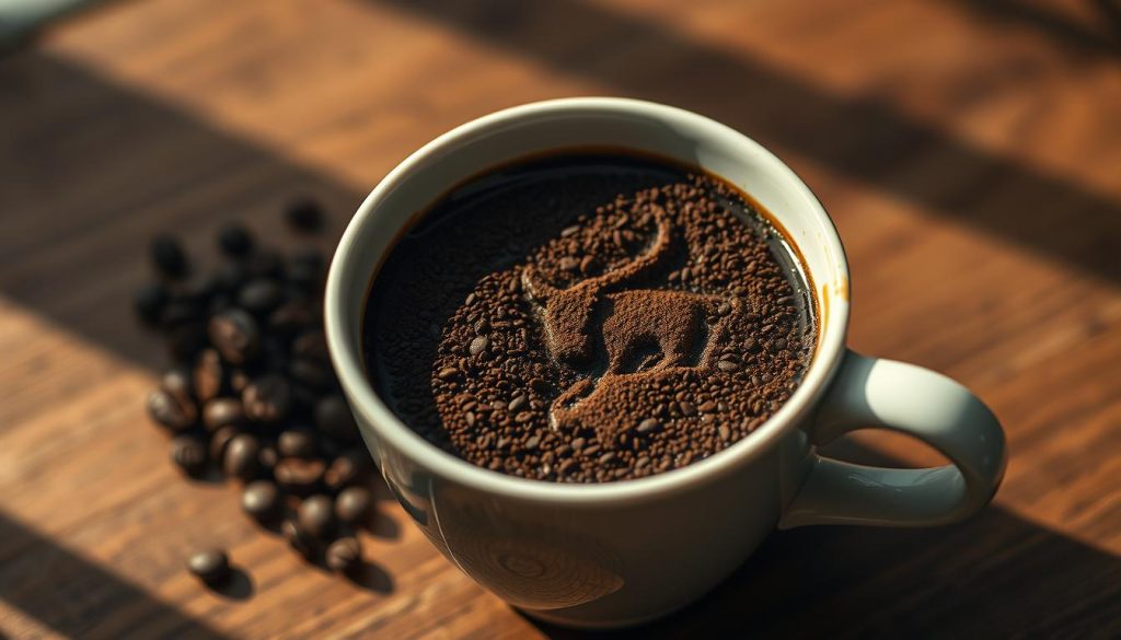 A detailed, high-quality image of a coffee cup revealing the distinct shape of a bull symbol emerging from the coffee grounds within. The scene is bathed in warm, natural lighting, capturing the mystical and symbolic nature of coffee fortune-telling. The cup is positioned prominently on a wooden surface, with the bull's form gradually taking shape, inviting the viewer to interpret its meaning. Nebahat Özge Tan's unique artistic vision is evident in the intricate details and atmospheric rendering of this captivating divination scene.