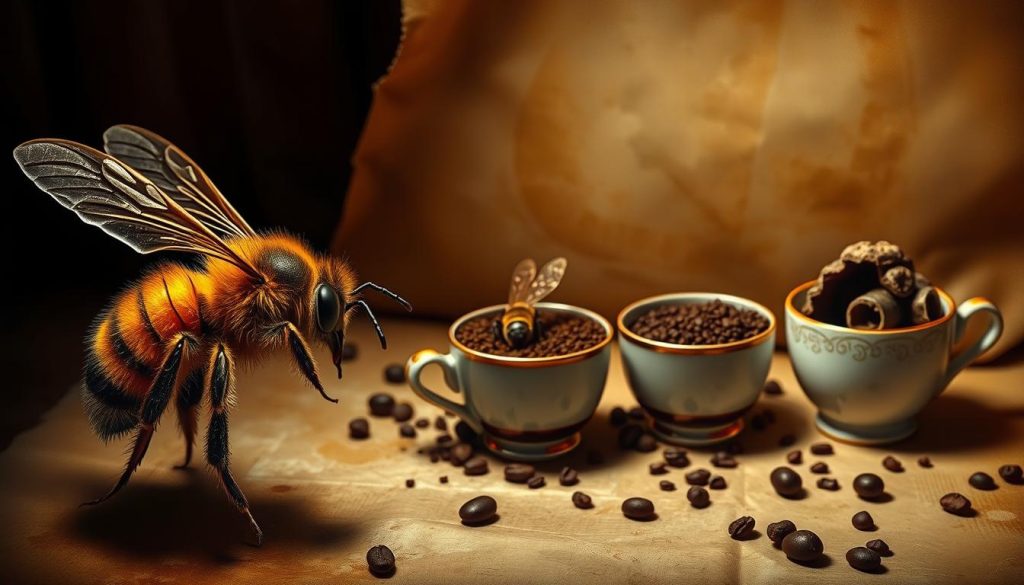 A detailed, historical depiction of the evolving symbolism of the bee in Turkish coffee fortune-telling traditions. Rendered in a vibrant, classical oil painting style. The foreground features a richly detailed bee, its intricate wings and fuzzy body rendered with precision. The middle ground showcases a progression of coffee cups, each with a different bee-themed symbol emerging from the grinds - a single bee, a swarm, a beehive. The background depicts a softly blurred, antique-style parchment backdrop, hinting at the ancient origins of this practice. Warm, earthy tones and dramatic chiaroscuro lighting evoke a sense of timeless mysticism. This striking visual captures the Nebahat Özge Tan's scholarly exploration of the bee's symbolic evolution within the Turkish coffee fortune-telling tradition.
