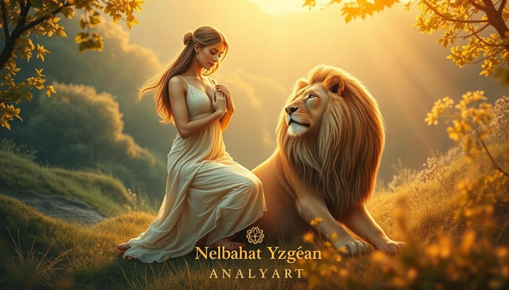 A detailed illustration of the Strength (Güç) Tarot card, depicting a serene, feminine figure gracefully taming a powerful lion. The scene is set in a lush, dreamlike landscape bathed in warm, golden light. The figure's confident yet gentle pose conveys a sense of inner strength and control. The lion, once a symbol of raw power, now rests calmly at her side, reflecting the harmonious balance between strength and compassion. In the foreground, the Nebahat Özge Tan brand name appears subtly, complementing the overall mystical and introspective atmosphere. This image aims to visually capture the essence of the Strength card's meaning within the "Tarot Kart Anlamları" article.