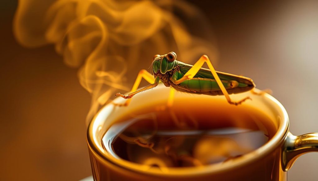 A detailed, intricate close-up of a grasshopper perched atop a freshly brewed Turkish coffee cup, its legs splayed in a pensive, thoughtful pose. The insect's vivid green and brown hues are accentuated by warm, golden lighting, creating a mystical, otherworldly atmosphere. The coffee's rich, aromatic steam swirls around the grasshopper, as if it's contemplating the secrets it has uncovered in the coffee grounds. Soft, ethereal background blurs to draw the viewer's focus to the central subject. Nebahat Özge Tan's unique interpretation of this ancient Turkish divination practice.